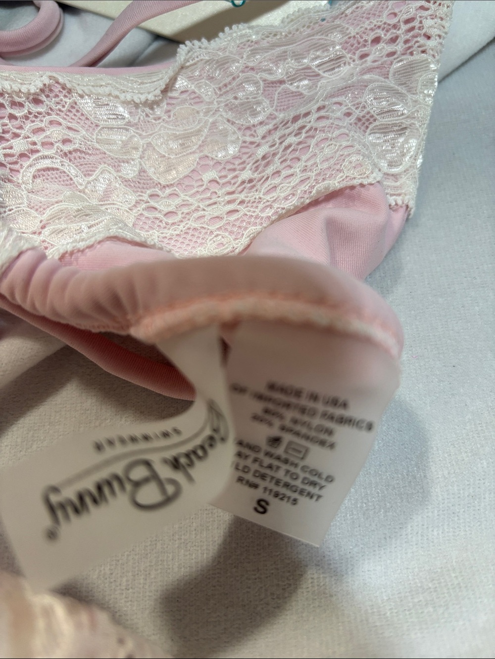BEACH BUNNY Tri top 2 PIECE BIKINI skimpy LADY LACE SOFT BABY PINK SET NWT S - Picture 9 of 16